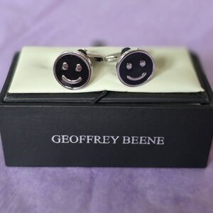 Geoffrey Beene Chrome and Black Smiley Happy Face Cufflinks